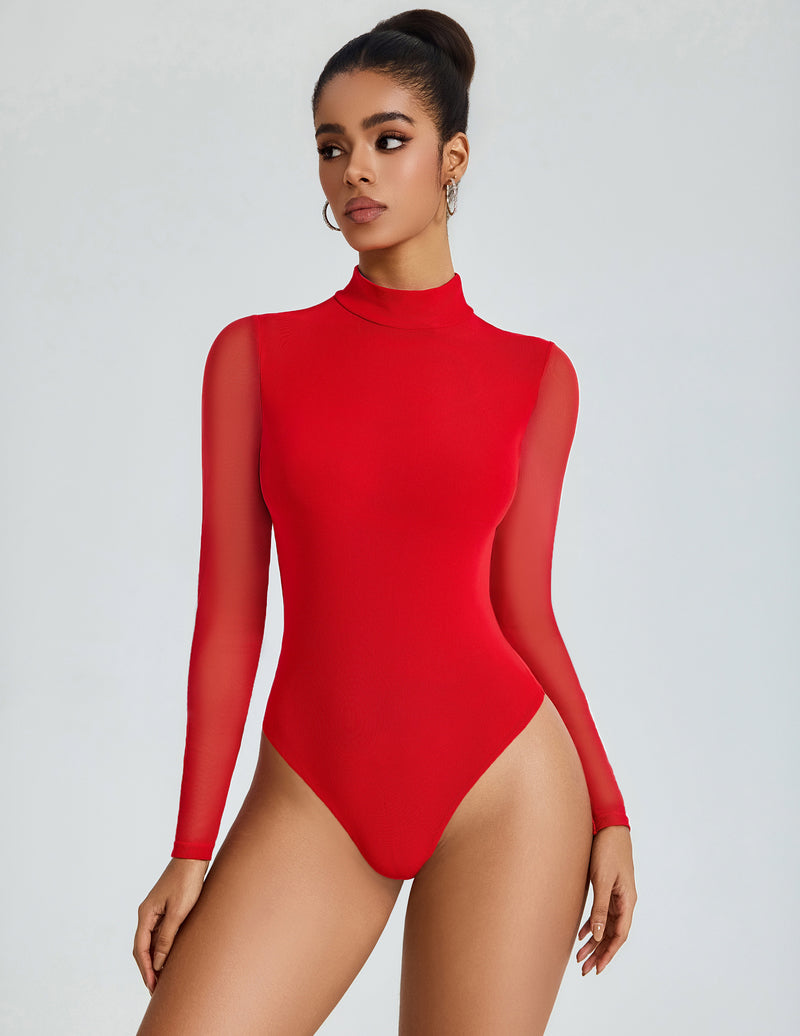 Red mesh mock neck long-sleeve bodysuit with sheer sleeves and high-leg cut