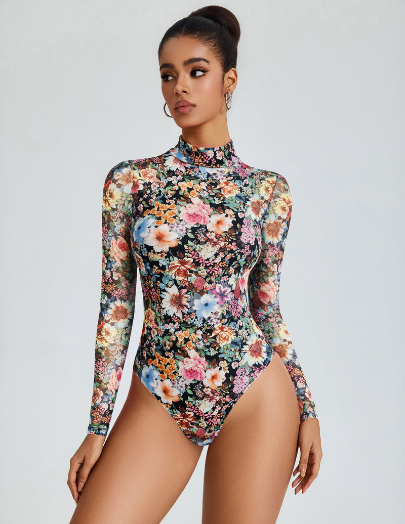 Floral mesh bodysuit with mock turtleneck and sheer long sleeves