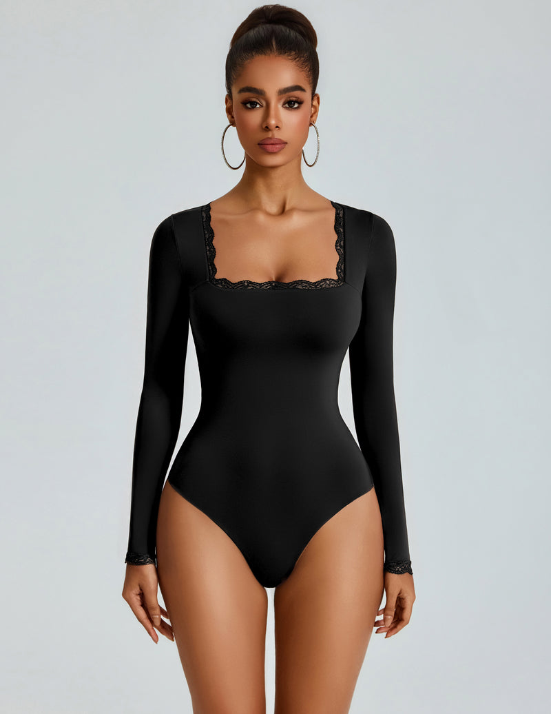 Black long-sleeve square-neck bodysuit with lace-trim neckline, double-lined