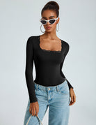 Black long-sleeve square-neck bodysuit with lace-trim neckline, double-lined