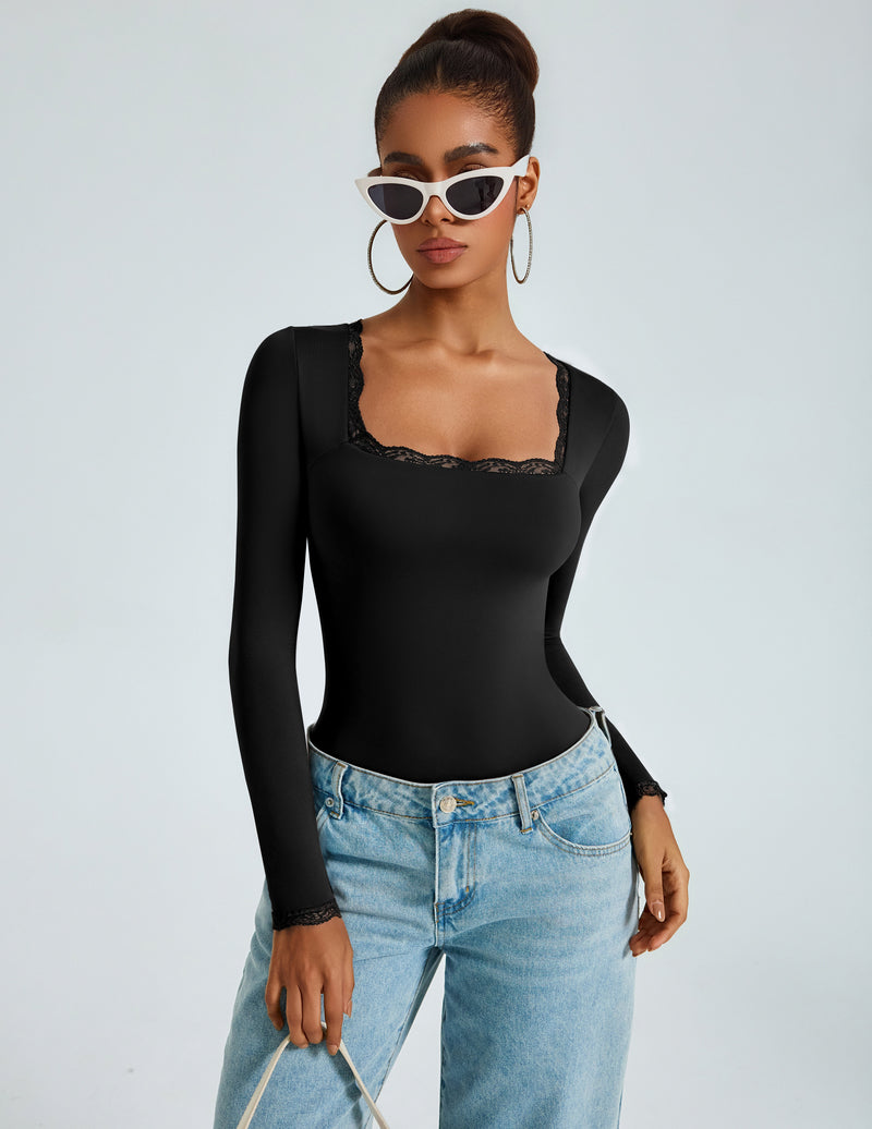 Black long-sleeve square-neck bodysuit with lace-trim neckline, double-lined