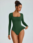 Green long-sleeve square-neck bodysuit with lace-trim neckline, double-lined