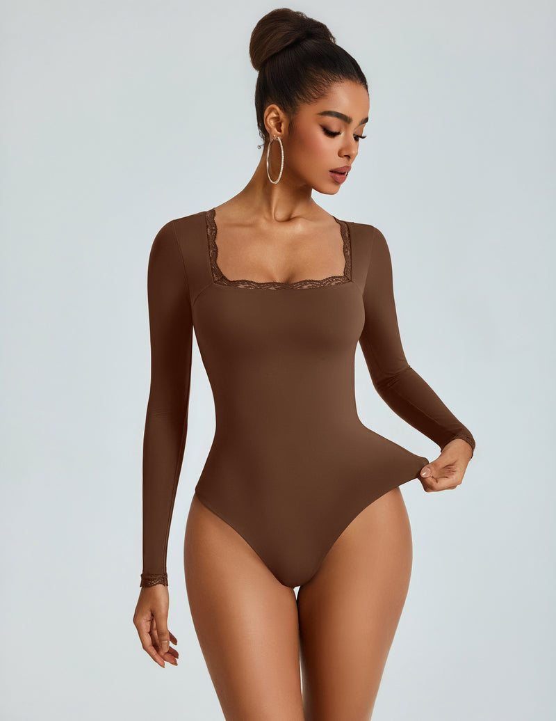 Brown long-sleeve square-neck bodysuit with lace-trim neckline, double-lined
