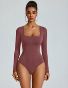 Maroon long-sleeve square-neck bodysuit with lace-trim neckline, double-lined
