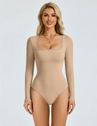 Nude long-sleeve square-neck bodysuit with lace-trim neckline, double-lined