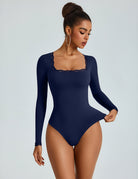 Navy long-sleeve square-neck bodysuit with lace-trim neckline, double-lined
