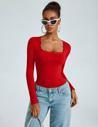 Red long-sleeve square-neck bodysuit with lace-trim neckline, double-lined