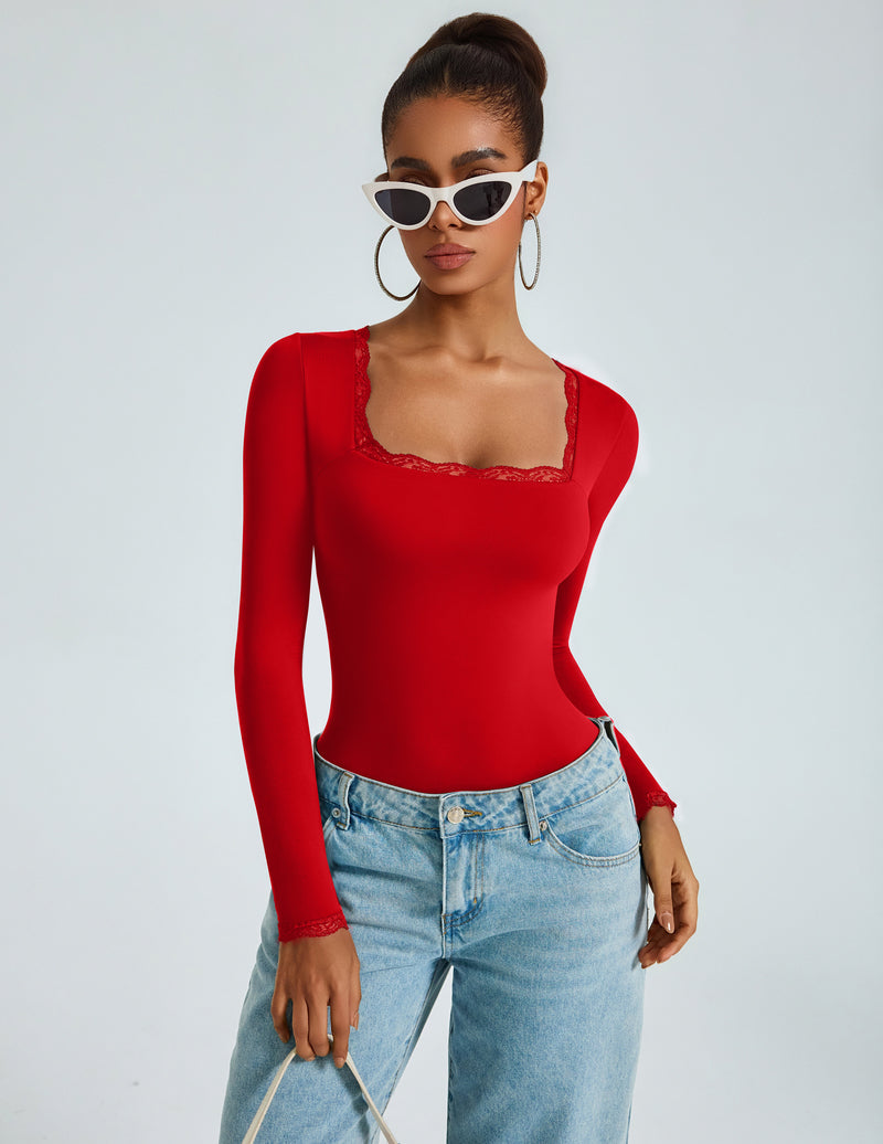 Red long-sleeve square-neck bodysuit with lace-trim neckline, double-lined