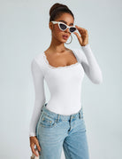 White lace-trim square-neck long-sleeve bodysuit, double-lined, close fit.