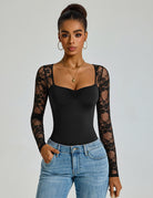 Black sweetheart lace long-sleeve bodysuit with ruched front