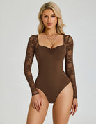 Brown sweetheart lace long-sleeve bodysuit with ruched front