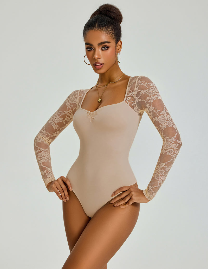 Nude sweetheart lace long-sleeve bodysuit with ruched front