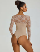 Nude sweetheart lace long-sleeve bodysuit with ruched front, back view