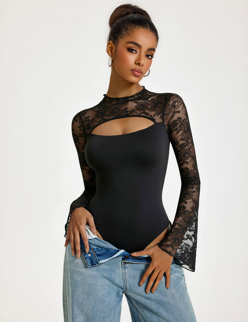 Black floral lace mock neck bodysuit with long sleeves and chest cut-out