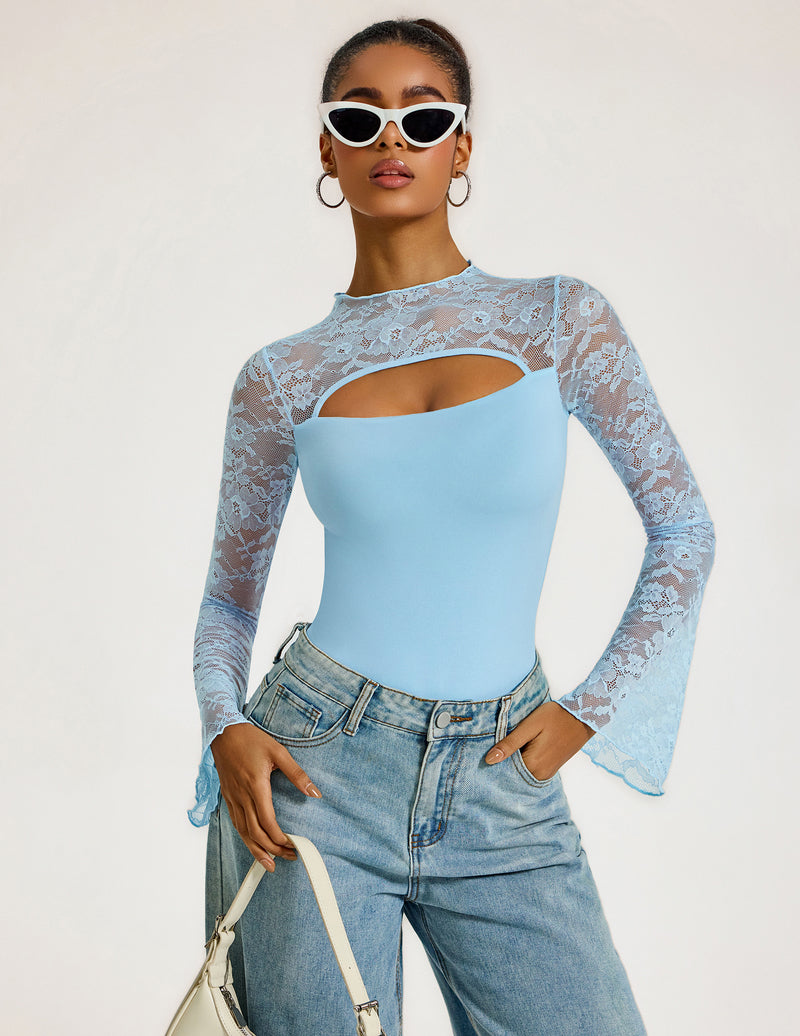 Light blue floral lace mock neck long sleeve bodysuit with chest cut-out