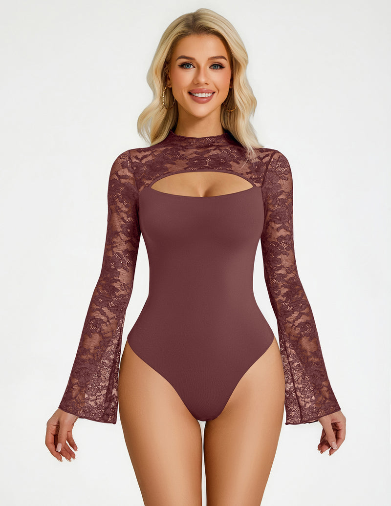 Maroon floral lace mock neck long sleeve bodysuit with chest cut-out