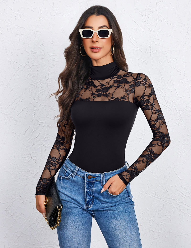 Black lace long-sleeve bodysuit with turtle neck and thong back