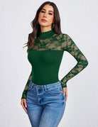 Dark green lace long-sleeve turtle neck bodysuit with thong back