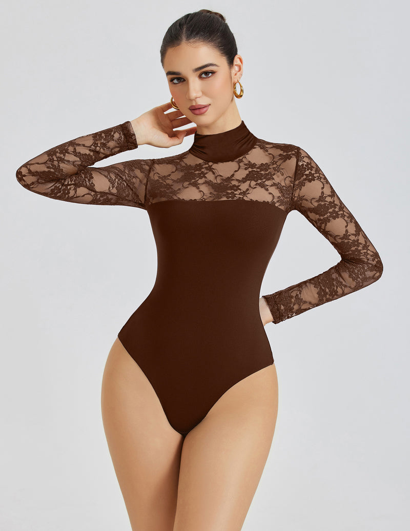 Brown lace long-sleeve turtle neck bodysuit with thong back