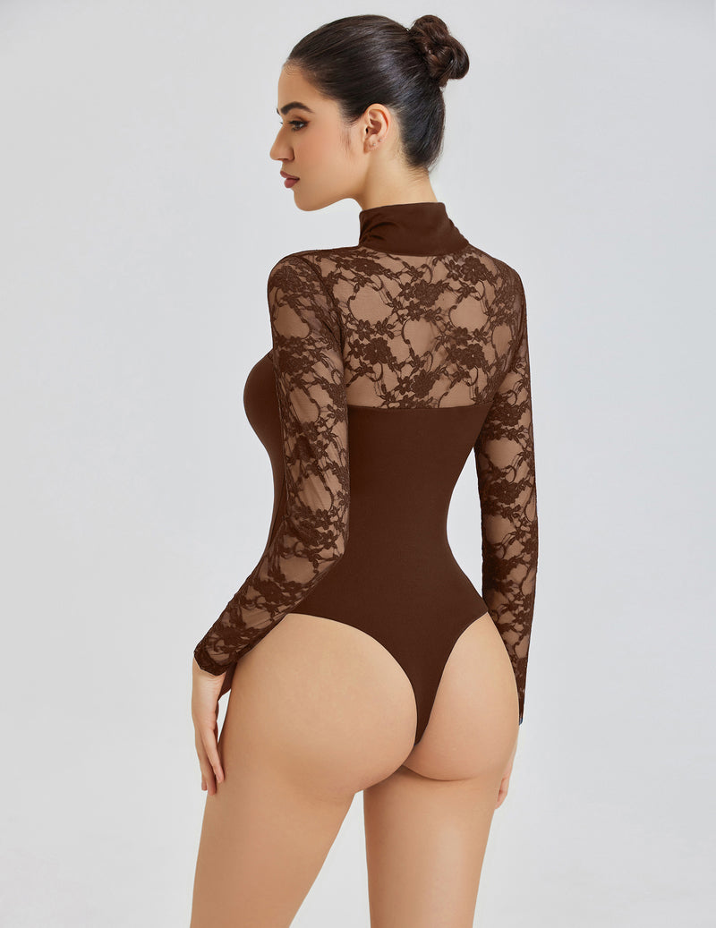 Brown lace long-sleeve bodysuit with turtle neck and thong back