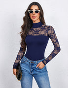 Navy blue lace long-sleeve turtle neck bodysuit with thong back