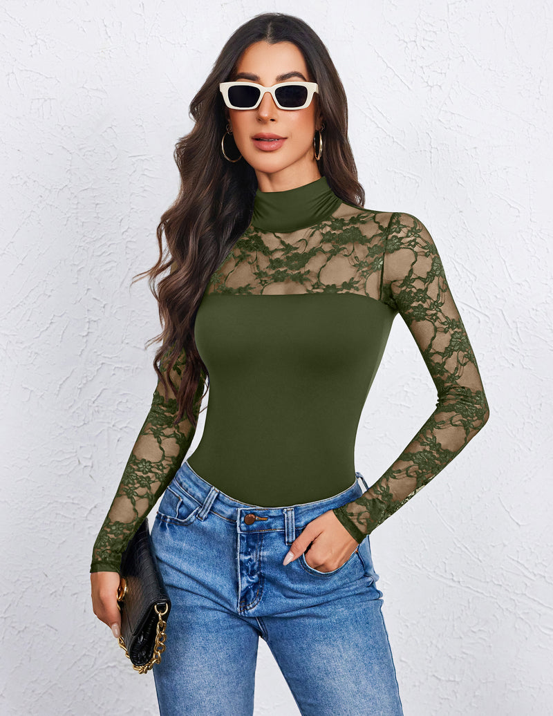 Olive green lace long-sleeve turtleneck bodysuit, sheer floral sleeves