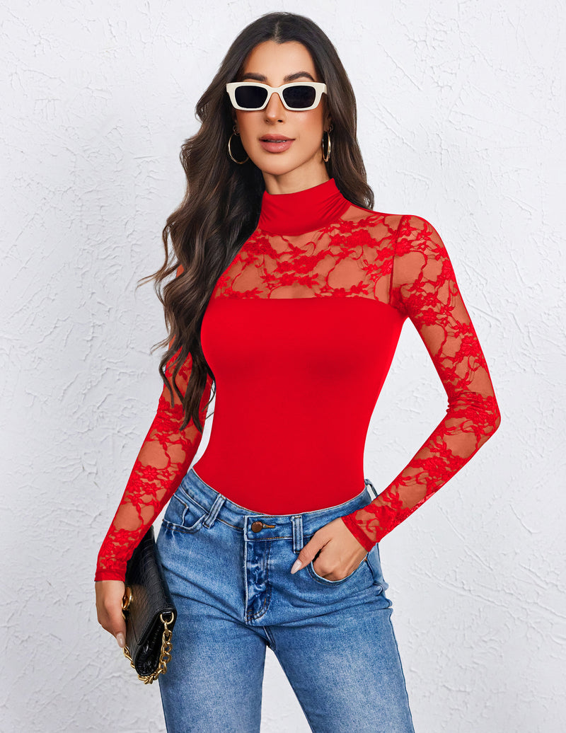 Red lace long-sleeve turtleneck bodysuit with sheer floral sleeves
