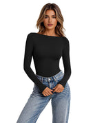 Double-lined boat-neck long-sleeve bodysuit, black, seamless bodice with thong-style bottom.
