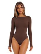 Double-lined boat-neck long-sleeve bodysuit, dark brown, seamless, thong-style bottom.