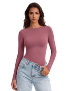 Double-lined boat-neck long-sleeve bodysuit, mauve, seamless, thong-style bottom.