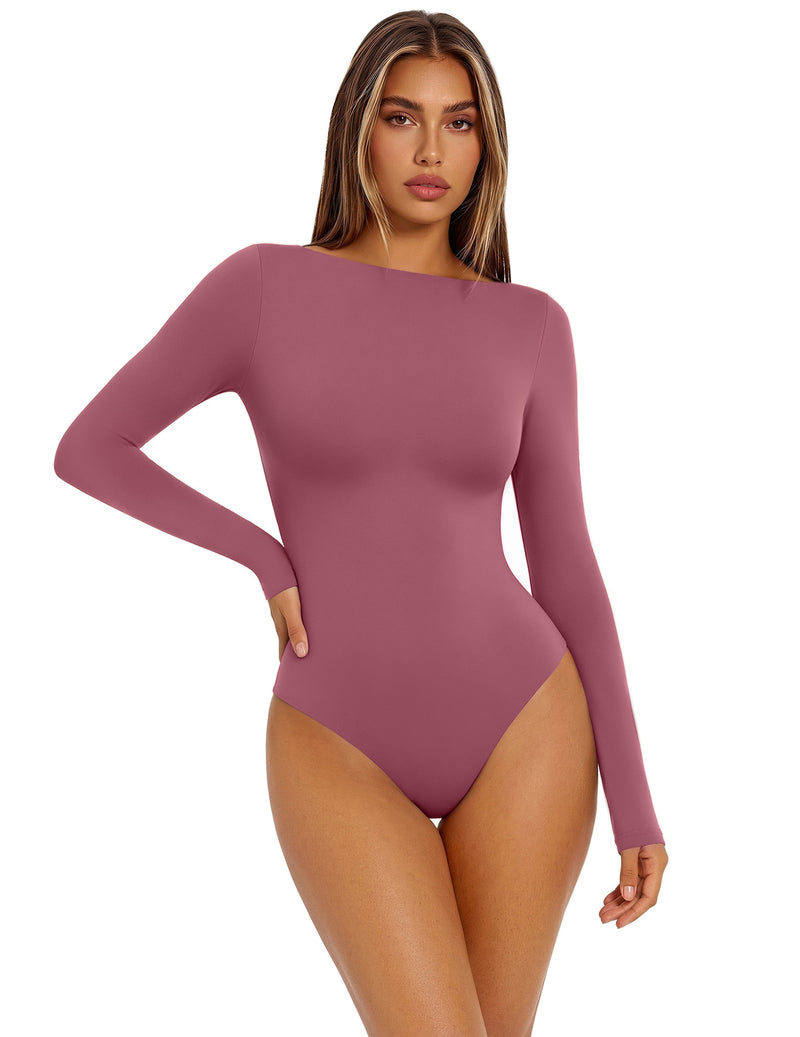 Double-lined boat-neck long-sleeve bodysuit, rose pink, seamless, thong-style bottom.