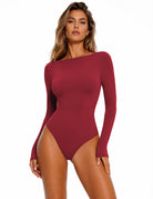 Double-lined boat-neck long-sleeve bodysuit, wine-red, seamless knit