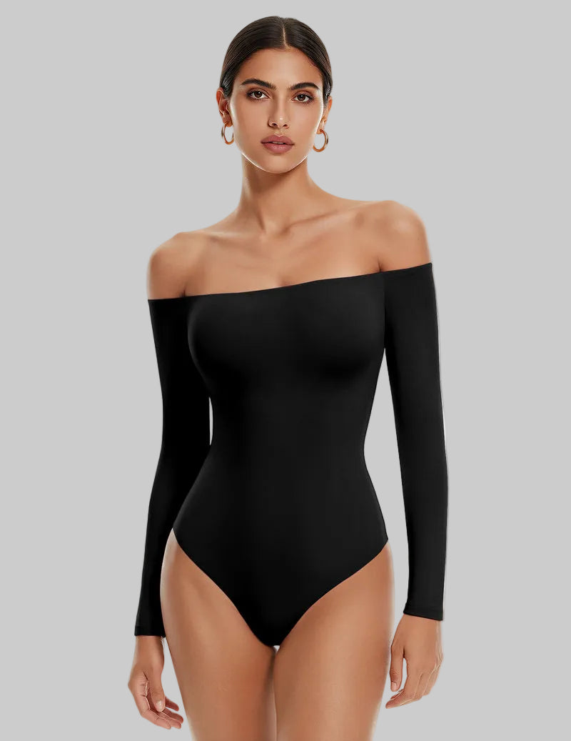 Black off-shoulder long-sleeve bodysuit with thong bottom, double-lined fit