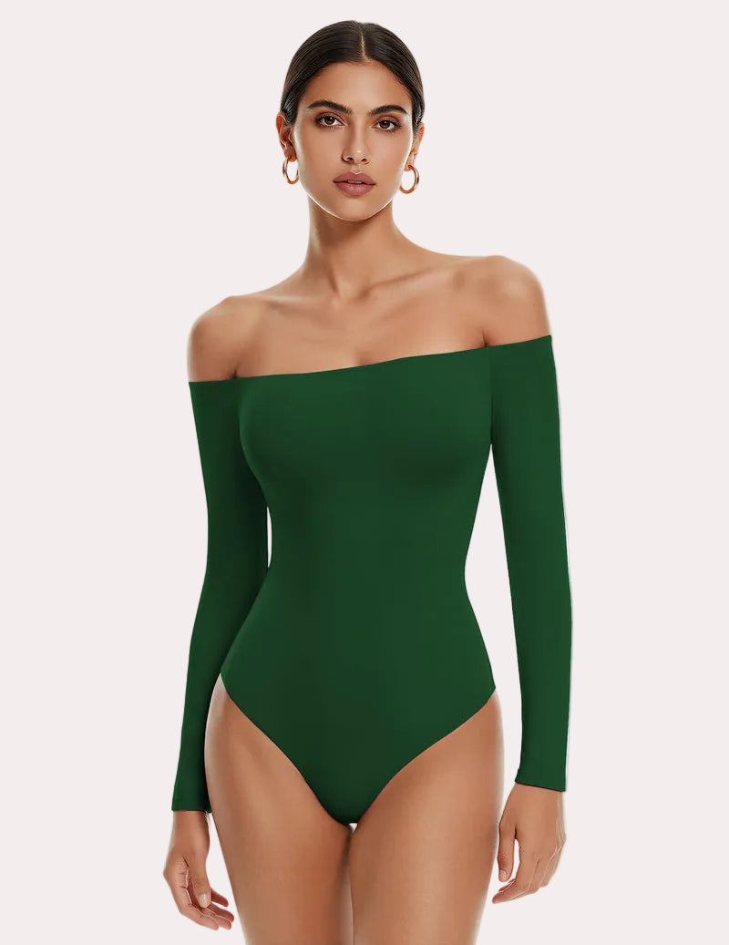 Green off-shoulder long-sleeve bodysuit with thong bottom, double-lined fit