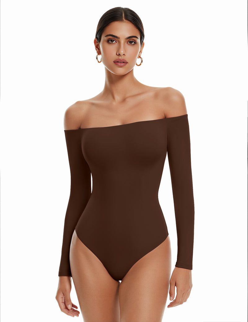 Brown off-shoulder long-sleeve bodysuit with thong bottom, double-lined fit