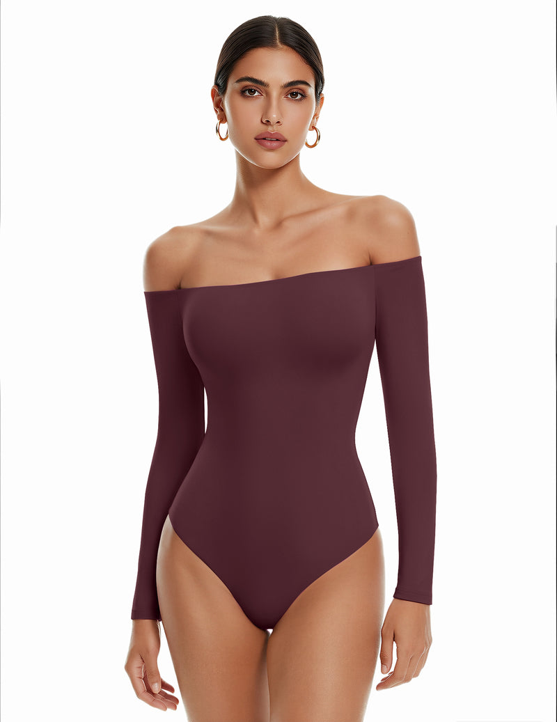Wine purple off-shoulder long-sleeve bodysuit with thong bottom, double-lined fit