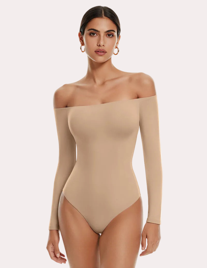 Beige off-shoulder long-sleeve bodysuit with thong bottom, double-lined fit
