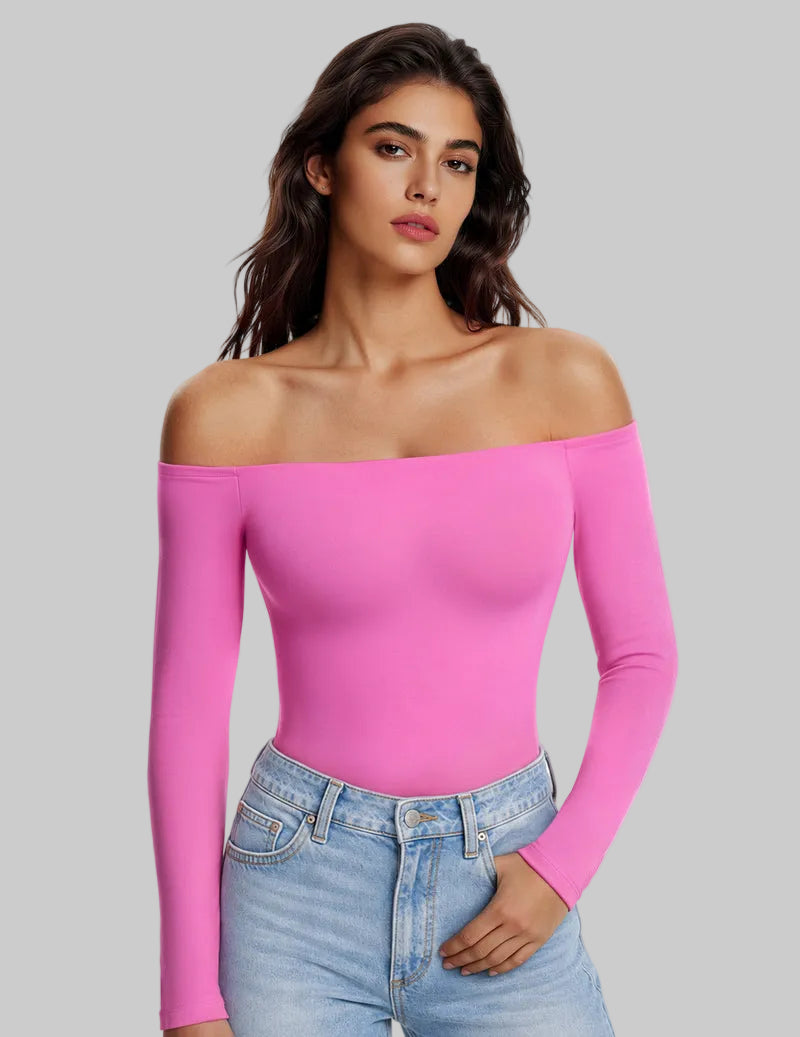 Pink off-shoulder long-sleeve bodysuit with thong bottom, double-lined fit