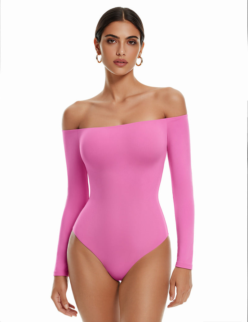 Pink off-shoulder long-sleeve bodysuit with thong bottom, double-lined fit