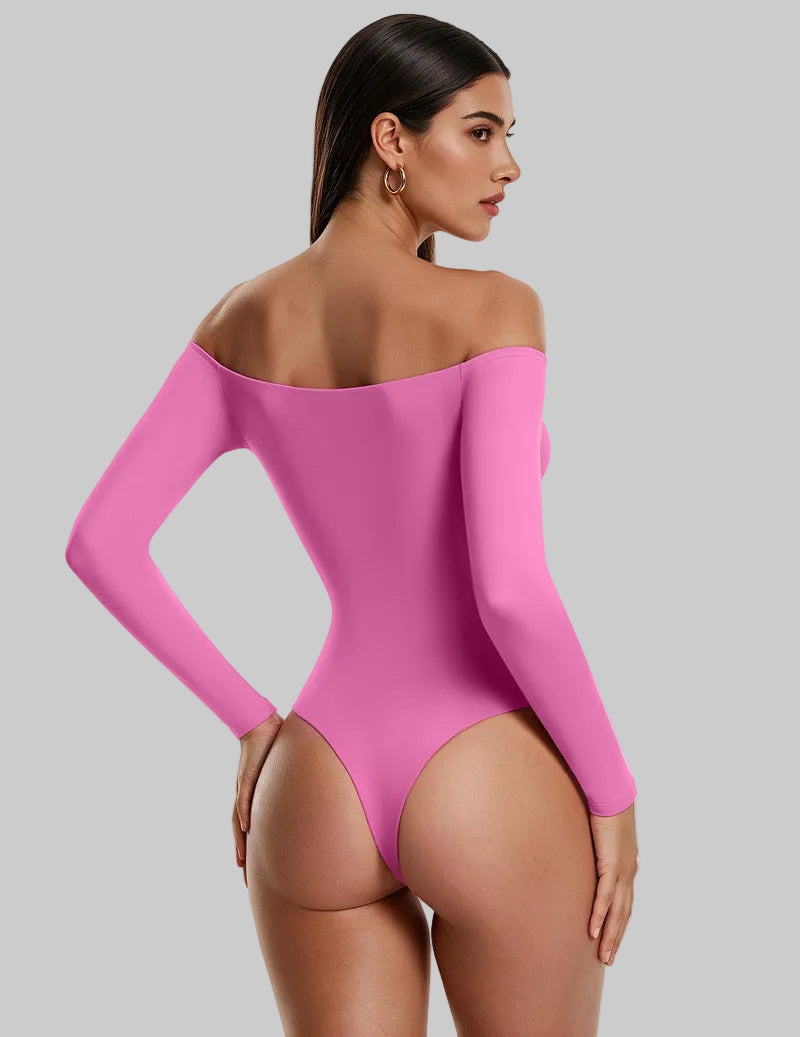 Pink off-shoulder long-sleeve thong bodysuit, double-lined, fitted back cutout