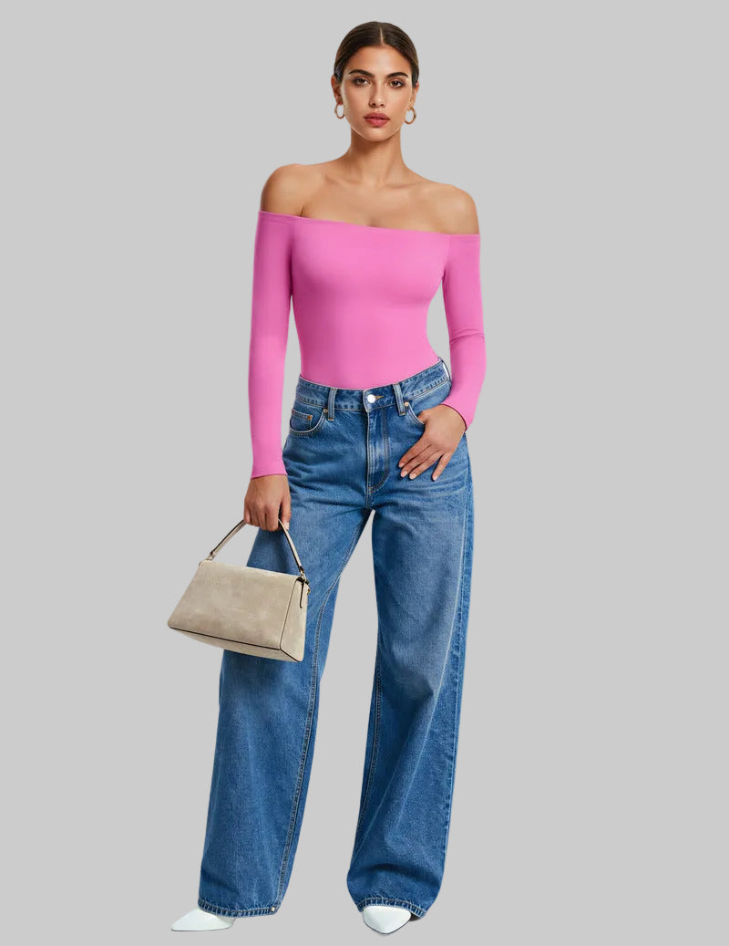 Pink off-shoulder long-sleeve bodysuit with thong bottom, fitted silhouette