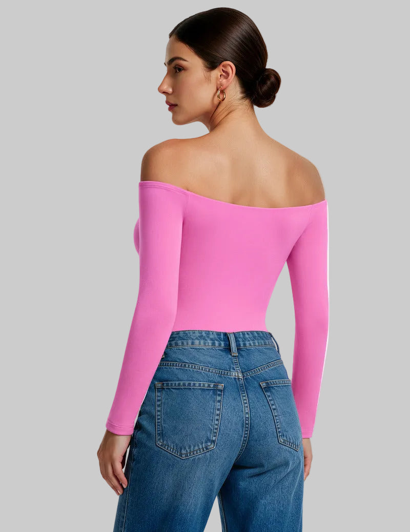 Pink off-shoulder long-sleeve thong bodysuit, wide neckline, fitted long sleeves