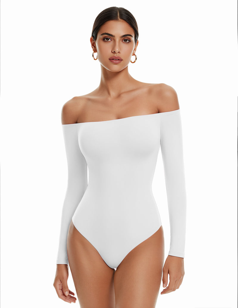 White off-shoulder long-sleeve thong bodysuit, smooth fitted double-lined