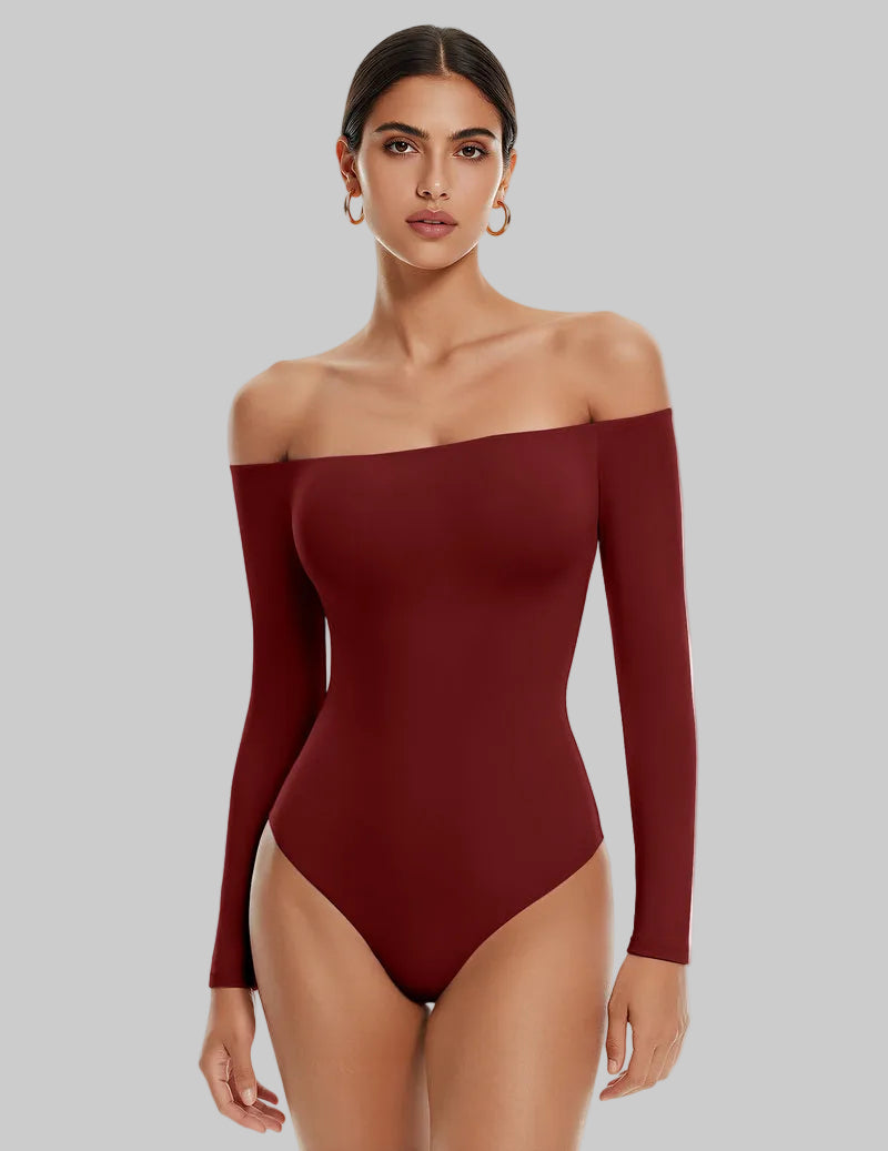 Wine-red off-shoulder long-sleeve thong bodysuit, smooth fitted double-lined