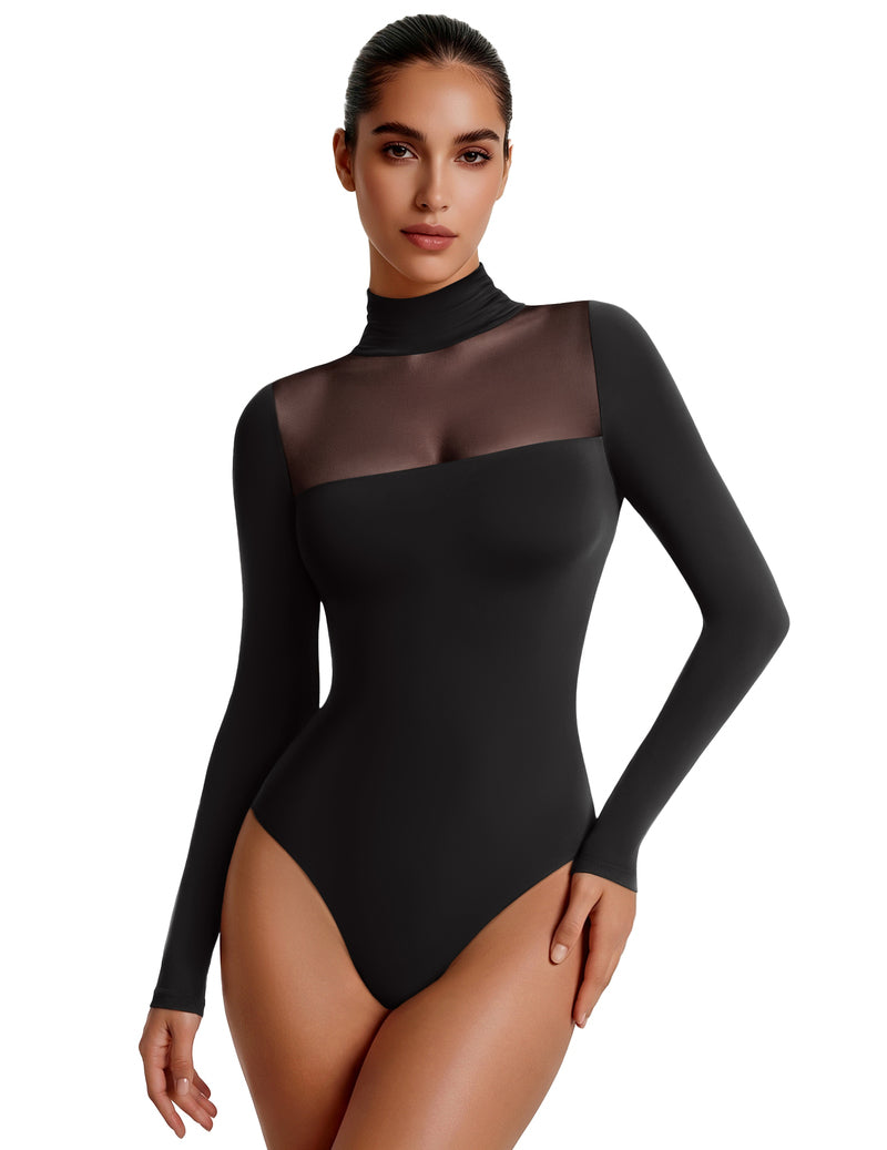 Black mesh turtleneck long-sleeve bodysuit with double-layer front panel
