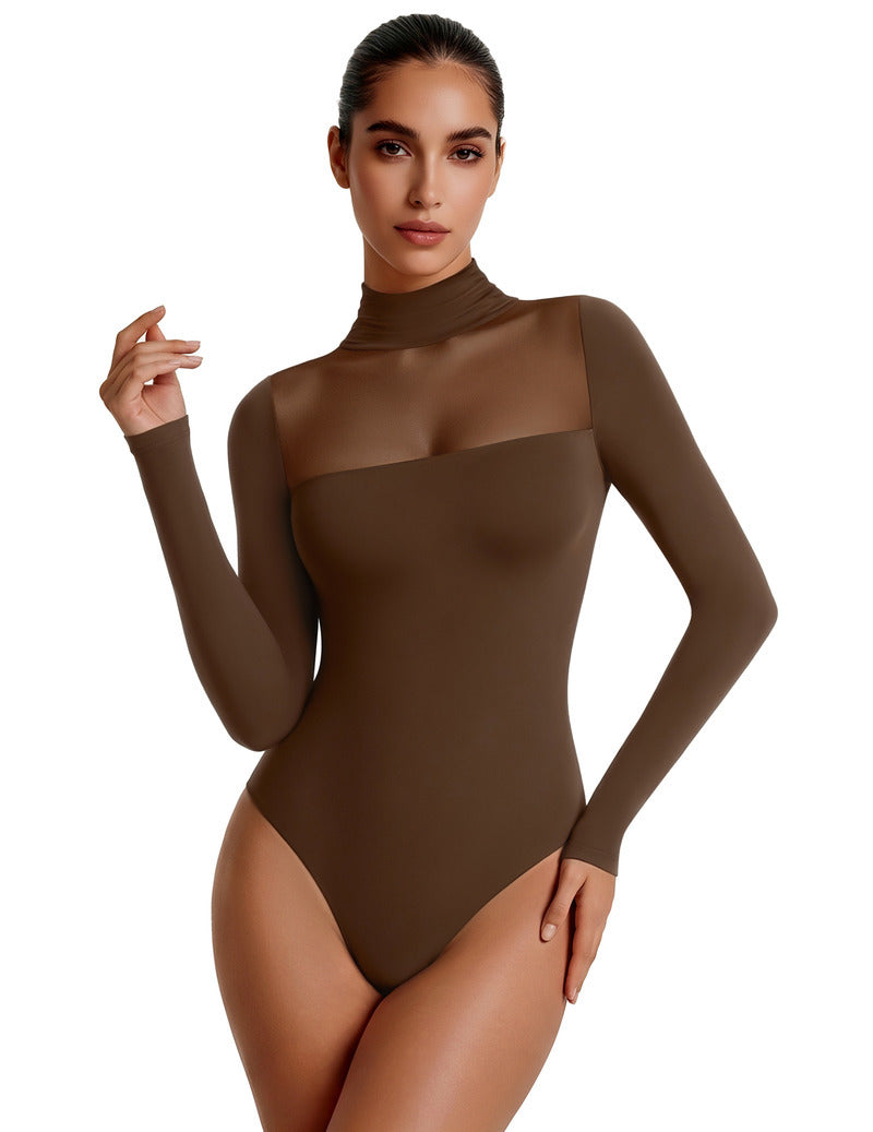 Brown mesh turtleneck long-sleeve bodysuit with double-layer front panel