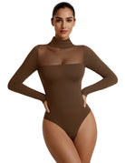 Brown mesh turtleneck long-sleeve double-layer bodysuit, full front view