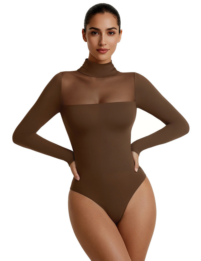 Brown mesh turtleneck long-sleeve double-layer bodysuit, full front view