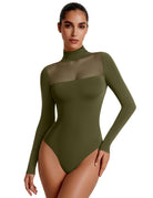 Olive green mesh turtleneck long-sleeve bodysuit with double-layer front panel