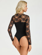 Black lace long-sleeve bodysuit with back cut-out and thong back